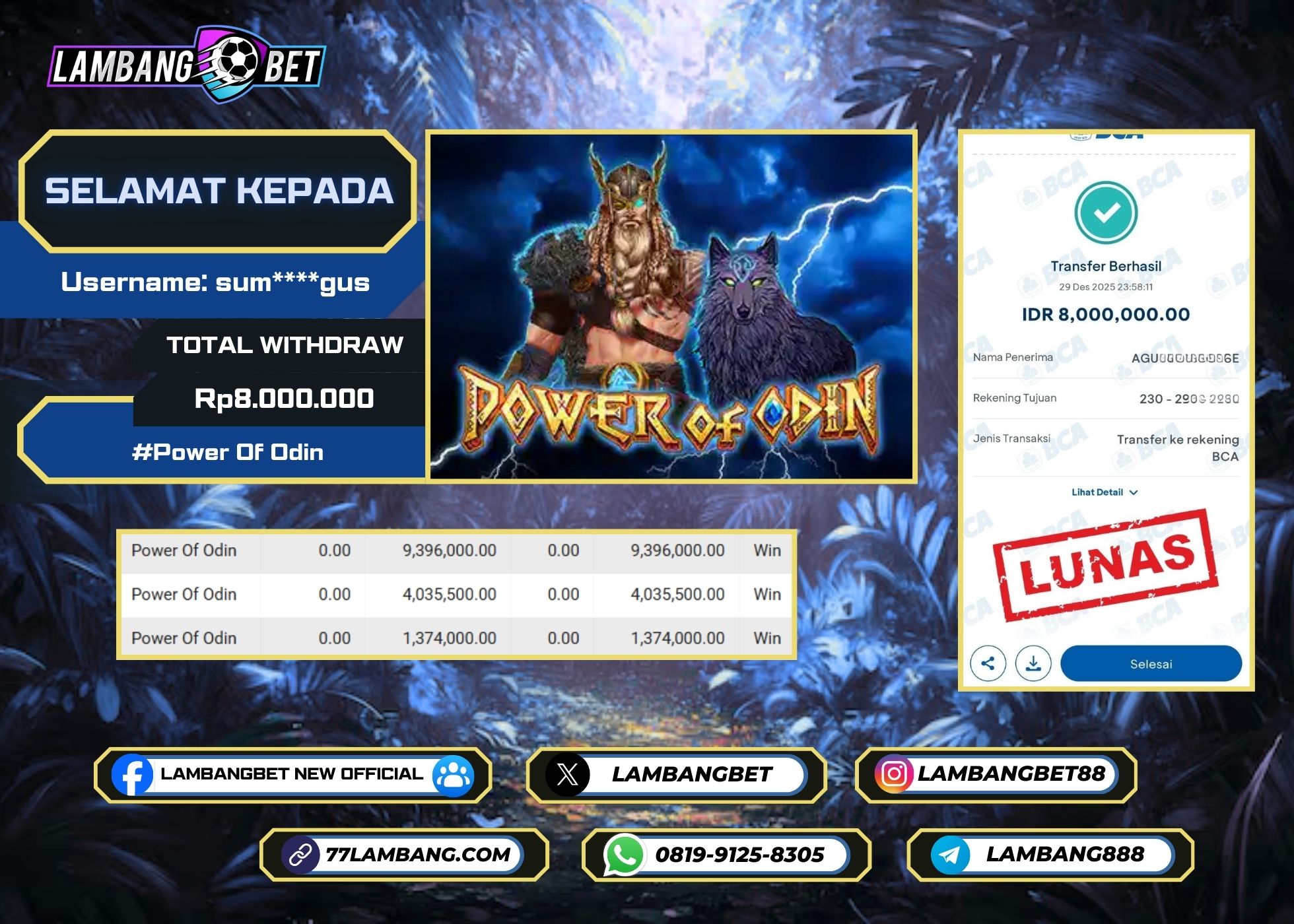 LAMBANGBET [29 DESEMBER 2025] JACKPOT SLOT Power Of Odin "Rp8.000.000" LUNAS